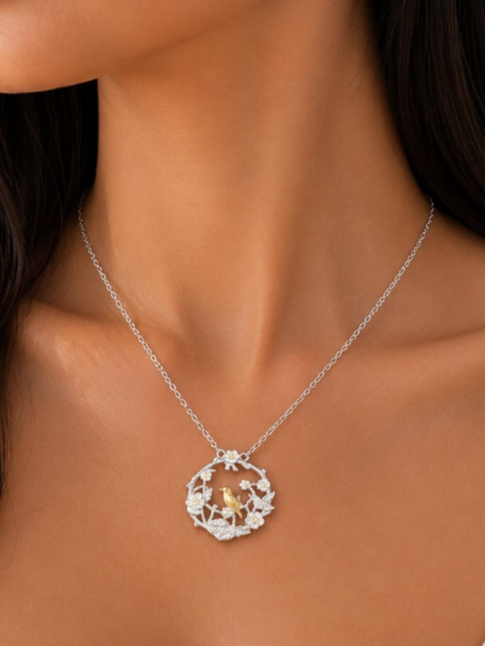 925 Sterling Silver Bird Flower Pendant Necklace Round Circle Pendant Necklace